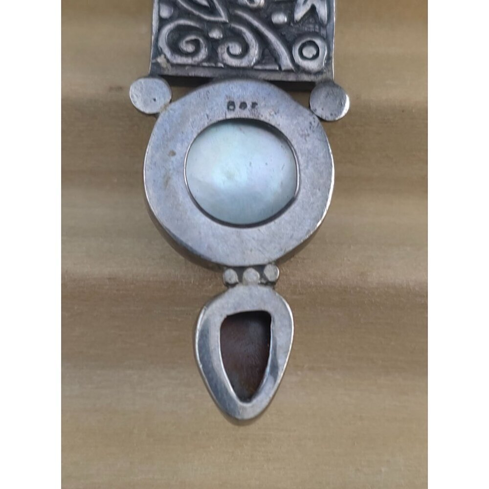 Vintage Sterling Silver Pendant Blue Pearl & Opal Artisan Intricate Engravings - Picture 5 of 8
